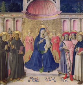 Het Bosco ai Frati altaarstuk: De Maagd en het Kind op de troon met twee engelen tussen de heiligen Antonius van Padua, Lodewijk van Toulouse en Franciscus en de heiligen Cosmas en Damianus en Petrus de Martelaar, 1452 door Fra Angelico